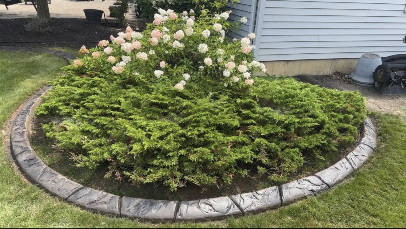 The same garden bed finished with a stamped concrete border from Creative Curb